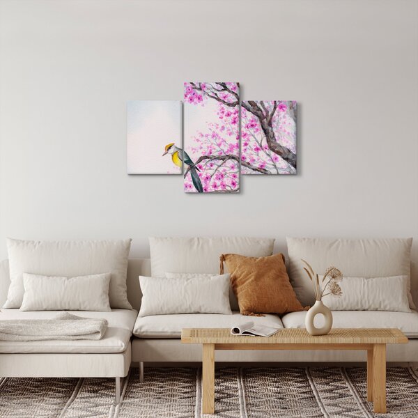 Slika - Ptica na drevesu z rožnatimi cvetovi (90x60 cm)