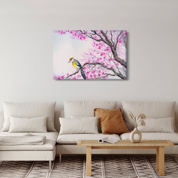 Slika - Ptica na drevesu z rožnatimi cvetovi (90x60 cm)