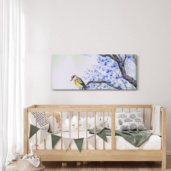 Slika - Ptica na drevesu z modrimi cvetovi (120x50 cm)