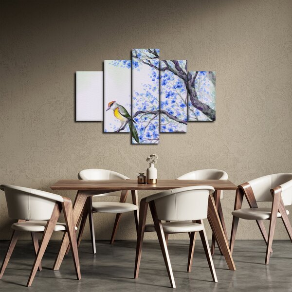 Slika - Ptica na drevesu z modrimi cvetovi (150x105 cm)