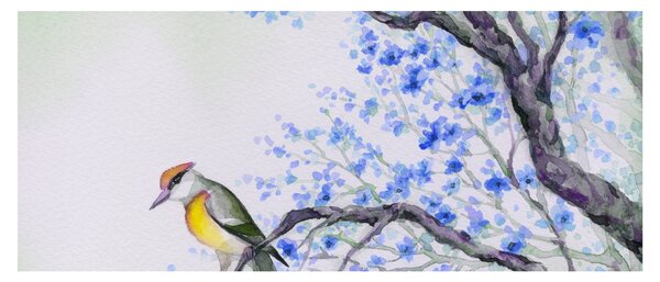 Slika - Ptica na drevesu z modrimi cvetovi (120x50 cm)