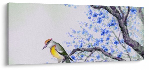 Slika - Ptica na drevesu z modrimi cvetovi (120x50 cm)