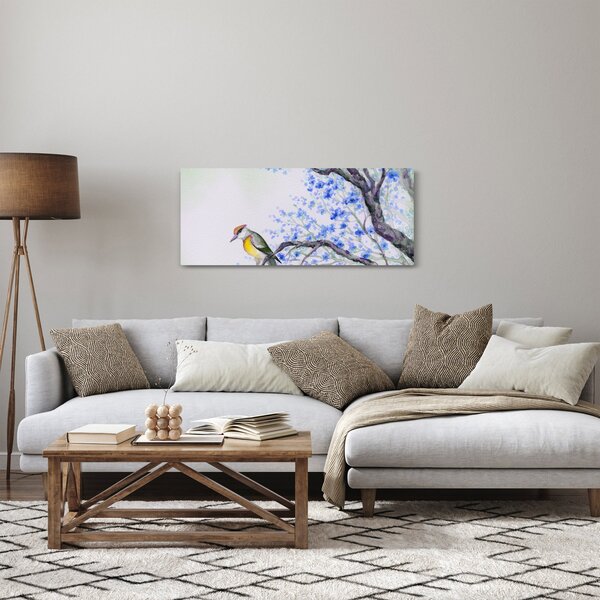 Slika - Ptica na drevesu z modrimi cvetovi (120x50 cm)
