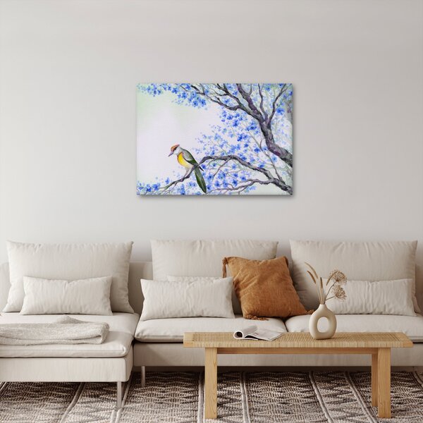Slika - Ptica na drevesu z modrimi cvetovi (70x50 cm)