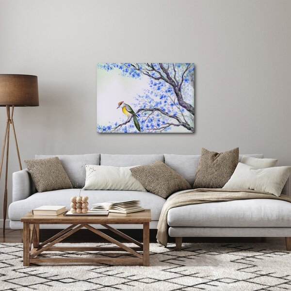 Slika - Ptica na drevesu z modrimi cvetovi (70x50 cm)