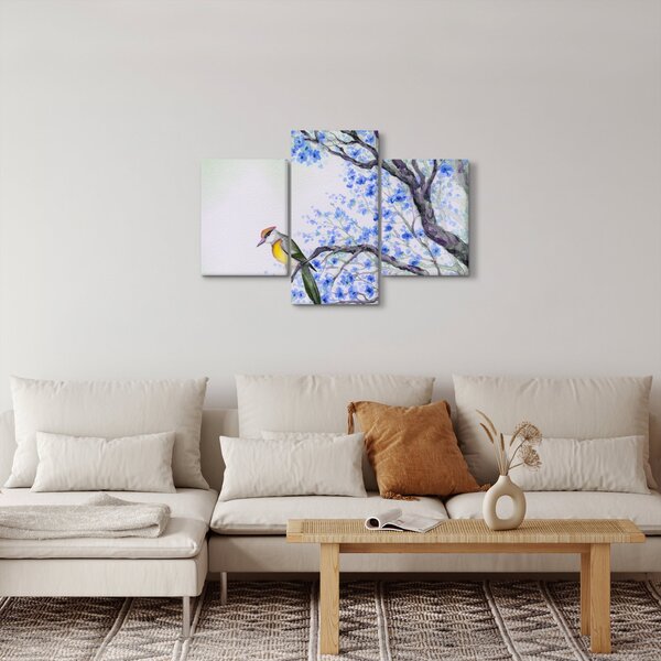 Slika - Ptica na drevesu z modrimi cvetovi (90x60 cm)