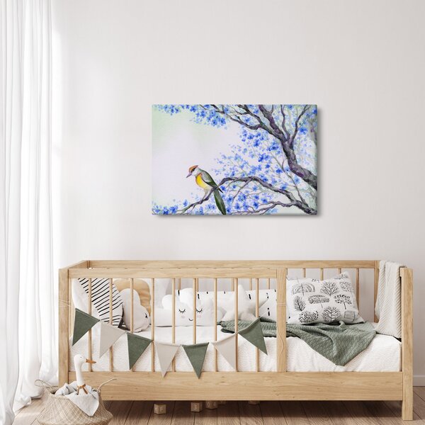 Slika - Ptica na drevesu z modrimi cvetovi (90x60 cm)