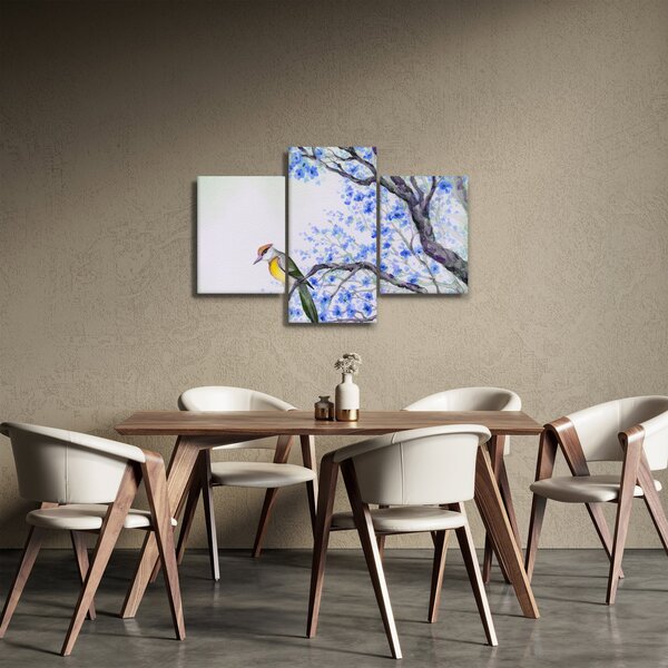 Slika - Ptica na drevesu z modrimi cvetovi (90x60 cm)