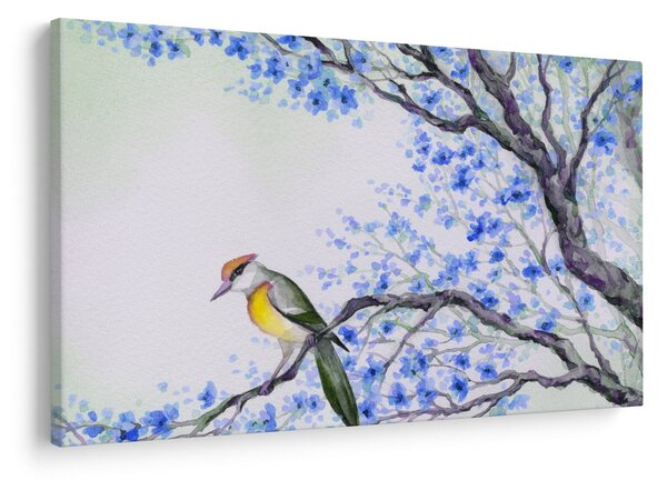 Slika - Ptica na drevesu z modrimi cvetovi (90x60 cm)