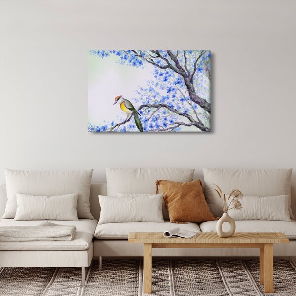 Slika - Ptica na drevesu z modrimi cvetovi (90x60 cm)