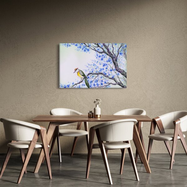 Slika - Ptica na drevesu z modrimi cvetovi (90x60 cm)