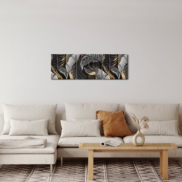 Slika - Tropski listi v črni in zlati barvi (sa satom) (90x30 cm)