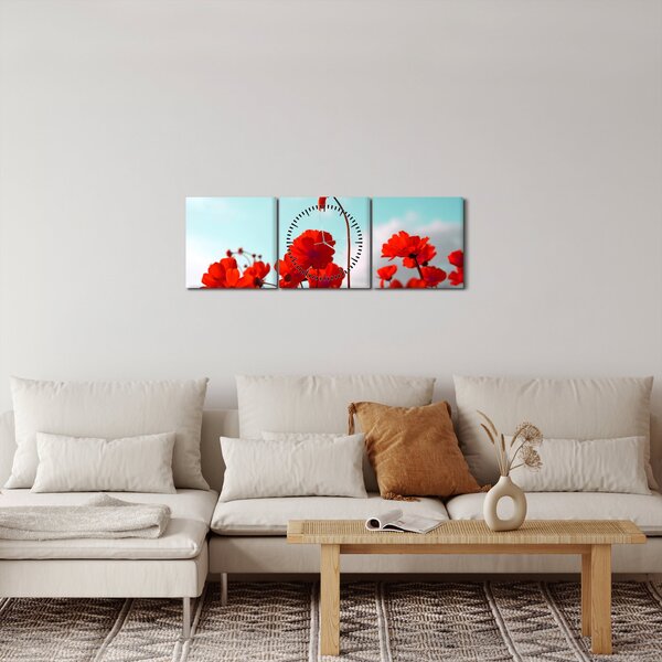 Slika polja s svetlo rdečimi cvetovi (sa satom) (90x30 cm)