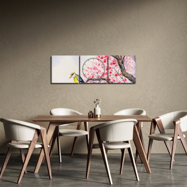 Slika - Ptica na drevesu z rdečimi cvetovi (sa satom) (90x30 cm)