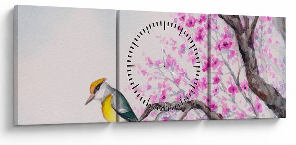 Slika - Ptica na drevesu z rožnatimi cvetovi (sa satom) (90x30 cm)