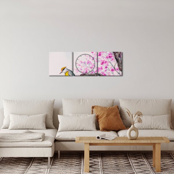 Slika - Ptica na drevesu z rožnatimi cvetovi (sa satom) (90x30 cm)