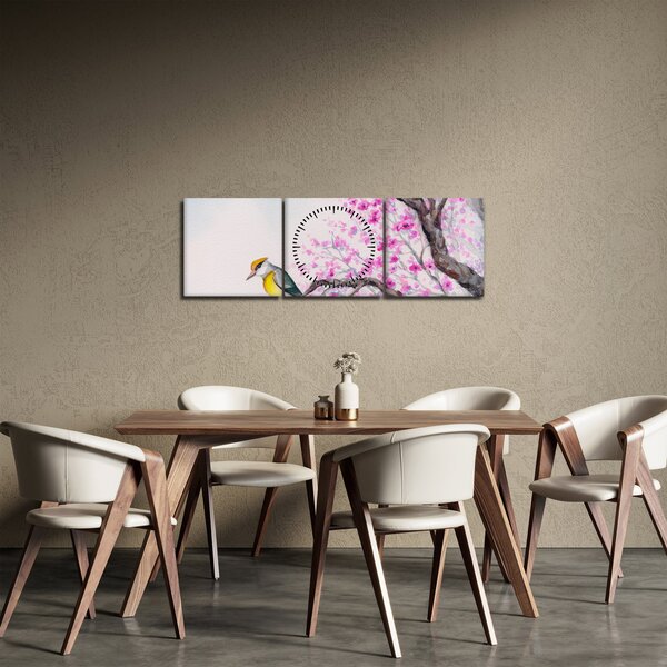 Slika - Ptica na drevesu z rožnatimi cvetovi (sa satom) (90x30 cm)