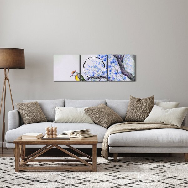 Slika - Ptica na drevesu z modrimi cvetovi (sa satom) (90x30 cm)