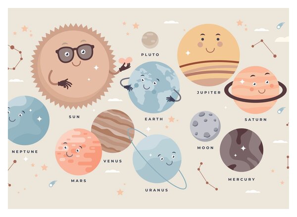 Staklena slika - Planeti z imeni (70x50 cm)