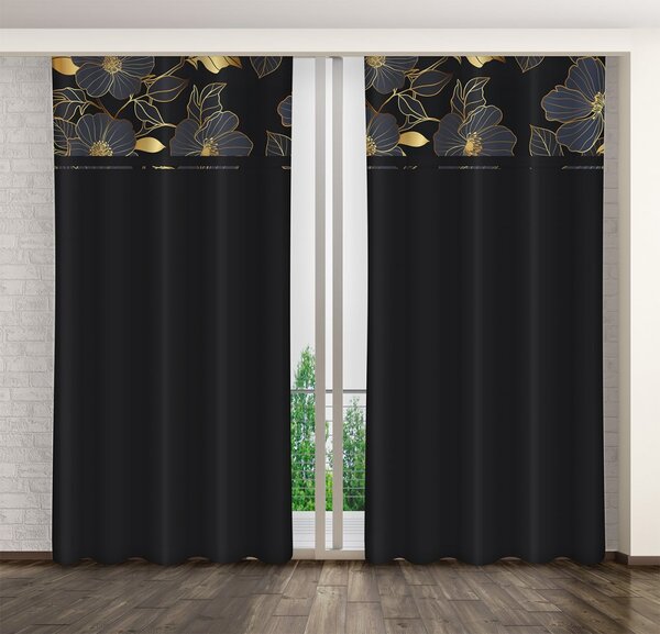 Klasična crna zavjesa s printom zlatnih cvjetova Širina: 160 cm | Duljina: 250 cm