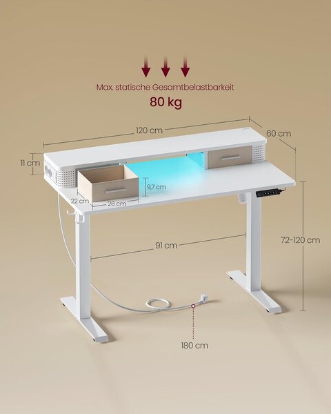 Podesivi električni radni stol, 60 x 120 x (72-120) cm, bijeli