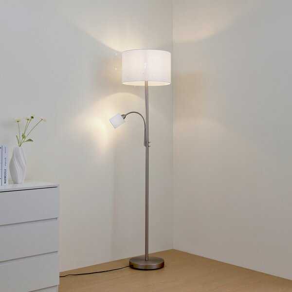 Lindby Jaileen podna lampa, bijela, tkanina, 170 cm, svjetiljka za čitanje, Bijela, Dnevni boravak/blagovaonica, Tkanina / tekstil