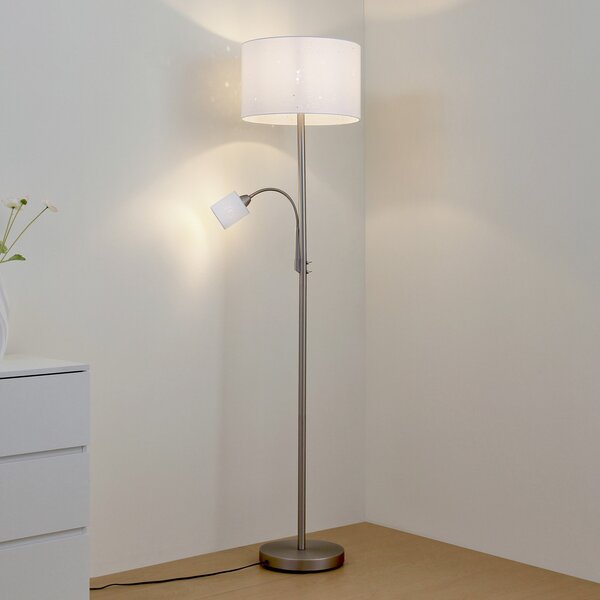 Lindby Jaileen podna lampa, bijela, tkanina, 170 cm, svjetiljka za čitanje, Bijela, Dnevni boravak/blagovaonica, Tkanina / tekstil