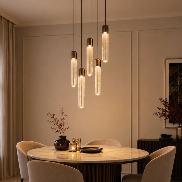 Art Deco Pendant Lamp Dark Bronze with Ribbed Glass 5-Light - Walcott