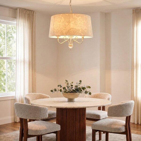 Jupiter Sofia Ecrie viseća lampa, bež/zlatna, tkanina, čelik, E27, prigušiva, Bež, Dnevni boravak/blagovaonica