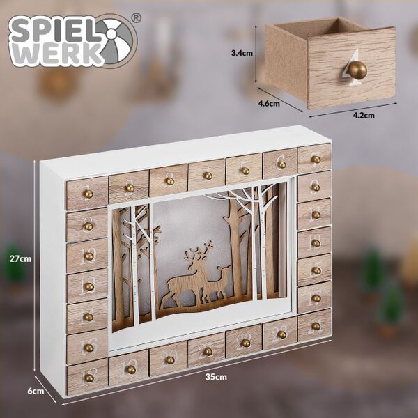 Drveni adventski kalendar ZIMSKA ŠUMA s rasvjetom, 35x6x27 cm, bijela/smeđa Spielwerk