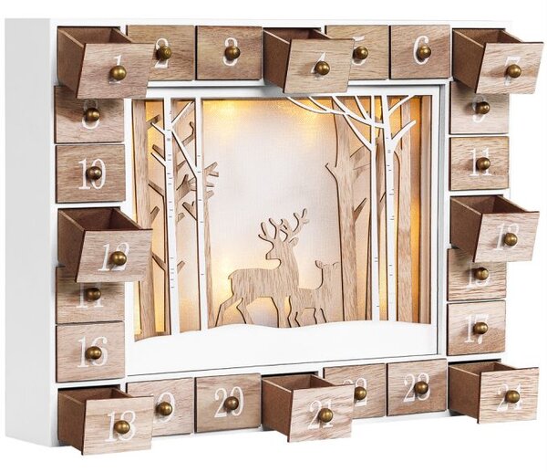Drveni adventski kalendar ZIMSKA ŠUMA s rasvjetom, 35x6x27 cm, bijela/smeđa Spielwerk