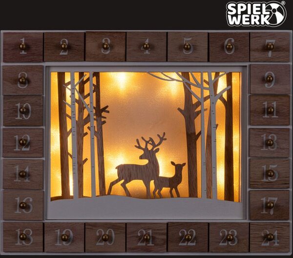 Drveni adventski kalendar ZIMSKA ŠUMA s rasvjetom, 35x6x27 cm, bijela/smeđa Spielwerk