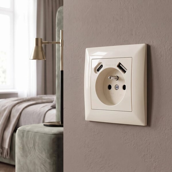 Jednostruka utičnica s uzemljenjem + USB-A USB-C OSTE JNH004-G Beige