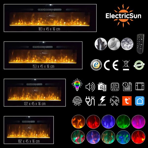 Dekorativni električni kamin, ElectricSun Paula GLASS XS, zidni, podni i ugradbeni, s grijanjem, s plamenom u 10 boja, sa zvukom i mobilnom aplikacijo