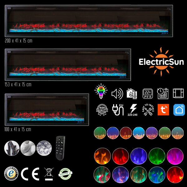 Inteligentni električni kamin, ElectricSun VERSALYS XS, zidni, podni ili ugradbeni, 10 barvami plamena, sa zvukom, mobilno aplikacijo Tuya Smart/Smart