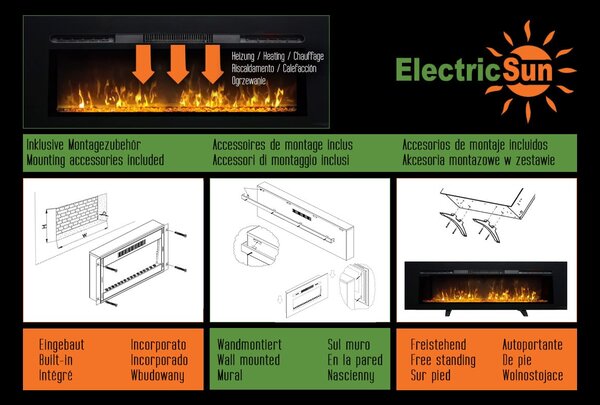 Dekorativni električni kamin, ElectricSun Paula GLASS Veliki, zidni, podni i ugradbeni, s grijanjem, s plamenom u 10 boja, sa zvukom i mobilnom aplika