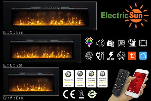 Dekorativni električni kamin, ElectricSun Paula GLASS Veliki, zidni, podni i ugradbeni, s grijanjem, s plamenom u 10 boja, sa zvukom i mobilnom aplika