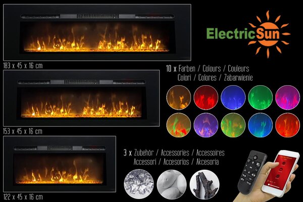 Dekorativni električni kamin, ElectricSun Paula GLASS Veliki, zidni, podni i ugradbeni, s grijanjem, s plamenom u 10 boja, sa zvukom i mobilnom aplika
