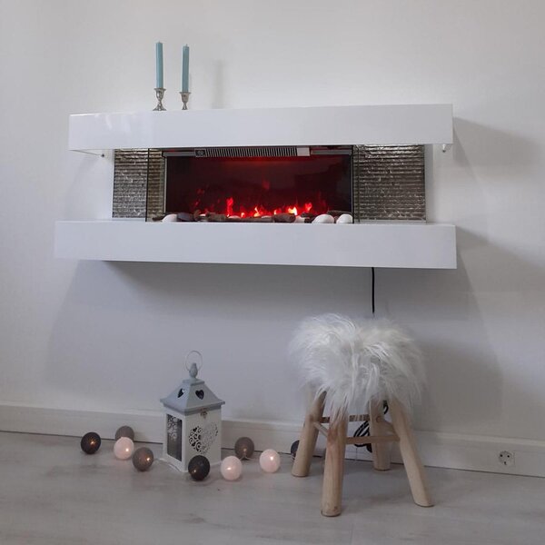 Stenski električni kamin, ElectricSun Paula Bijela Medij, s grijanjem, s plamenom u 10 boja, sa zvukom i mobilnom aplikacijom, Š120xV46xD31cm