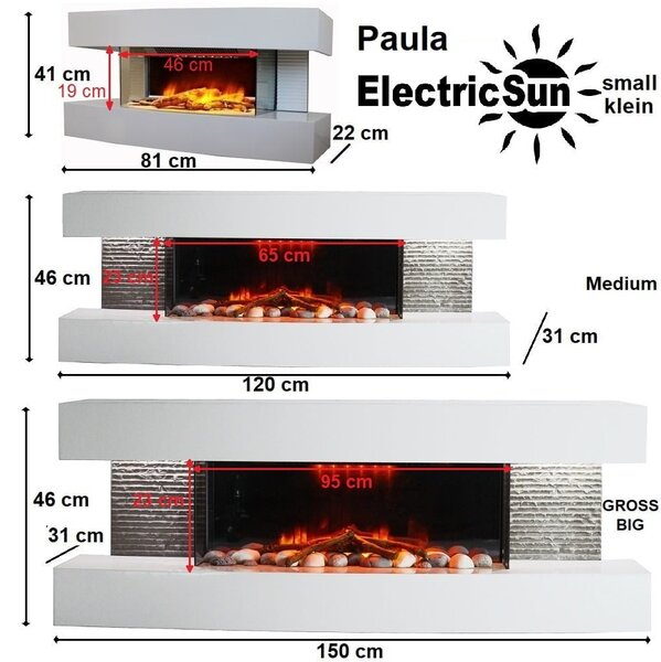 Stenski električni kamin, ElectricSun Paula Bijela Veliki, s grijanjem, s plamenom u 10 boja, sa zvukom i mobilnom aplikacijom, Š150xV46xD31cm