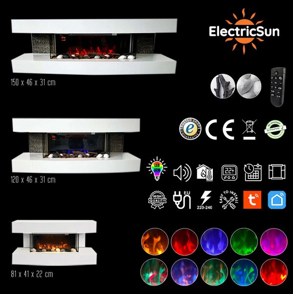 Stenski električni kamin, ElectricSun Paula Bijela Mali, s grijanjem, s plamenom u 10 boja, sa zvukom i mobilnom aplikacijom, Š81xV41xD22cm