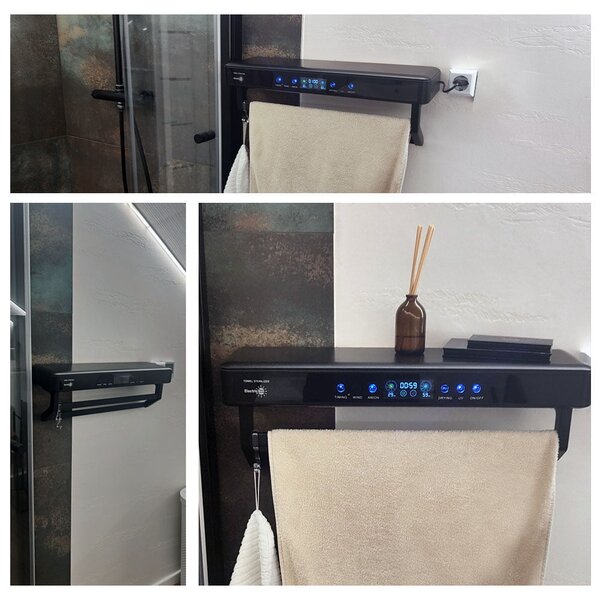 Držač za ručnike, ElectricSun PREMIUM Black, crni, 450W, suši i dezinficira, za kupaonicu i kuhinju, 60 cm