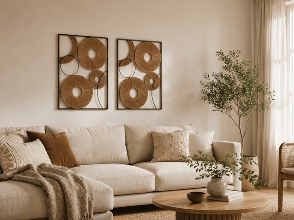 Set 2 kom zidne dekoracije CIRCLES metal 48x68 cm, smeđa