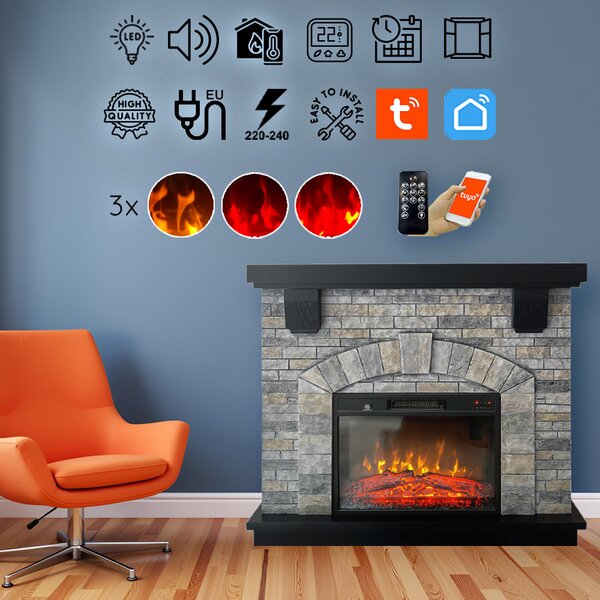 Električni kamin s izgled kamena, ElectricSun GREYSTONE, s grijanjem, s plamenom u 3 boja, sa zvukom, s daljinskim upravljačem i WiFi APP, Š115xV102 c