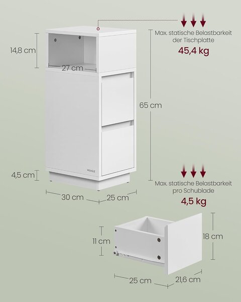 Set od 2 uska noćna ormarića s 2 ladice, 30 x 25 x 65 cm, bijele boje | VASAGLE