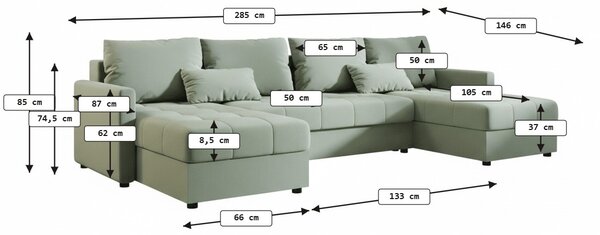 Razvlačna U kutna garnitura VENORIA 285x146 cm, svijetlo zelena + 2 jastuka GRATIS