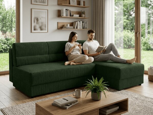 Razvlačna kutna garnitura L TAVERO SLIM 201x140 cm, tamno zelena, univerzalna