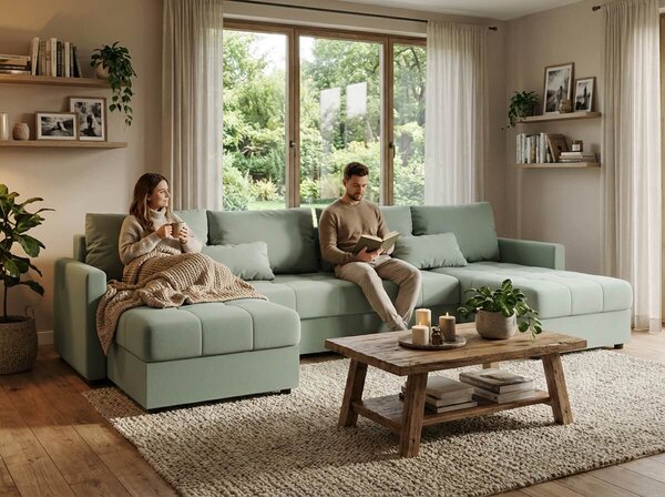 Razvlačna U kutna garnitura VENORIA 285x146 cm, svijetlo zelena + 2 jastuka GRATIS