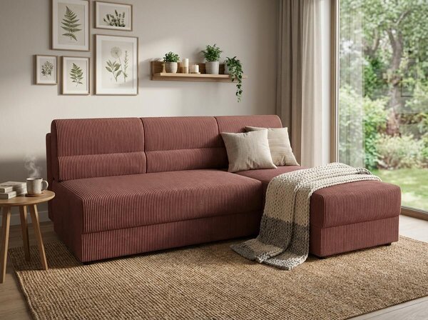 Razvlačna kutna garnitura L TAVERO SLIM 201x140 cm, tamno roza, univerzalna