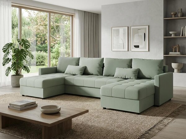 Razvlačna U kutna garnitura VENORIA 285x146 cm, svijetlo zelena + 2 jastuka GRATIS